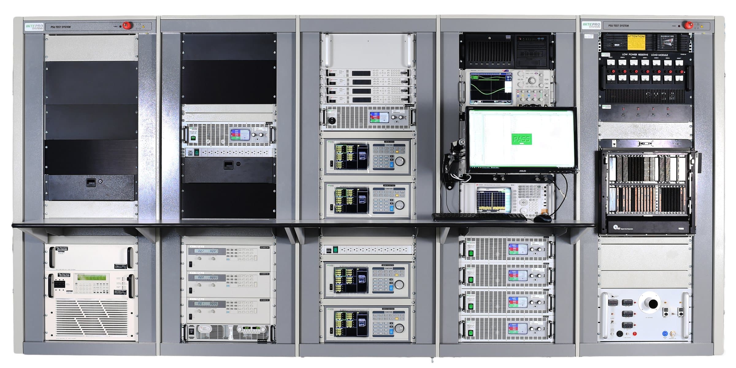 A five-bay Intepro PSU test system: sources, loads, measurement, switching and the test executive that runs them